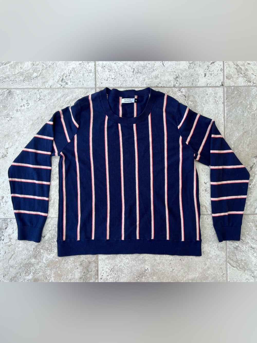 Galeries Lafayette Cashmere Cotton Striped Jumper Sweater in Navy Blue, size L